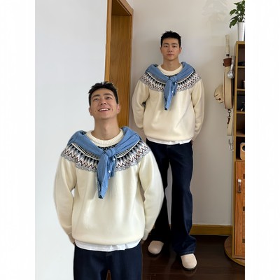费尔岛提花圆领毛衣男款冬季韩版