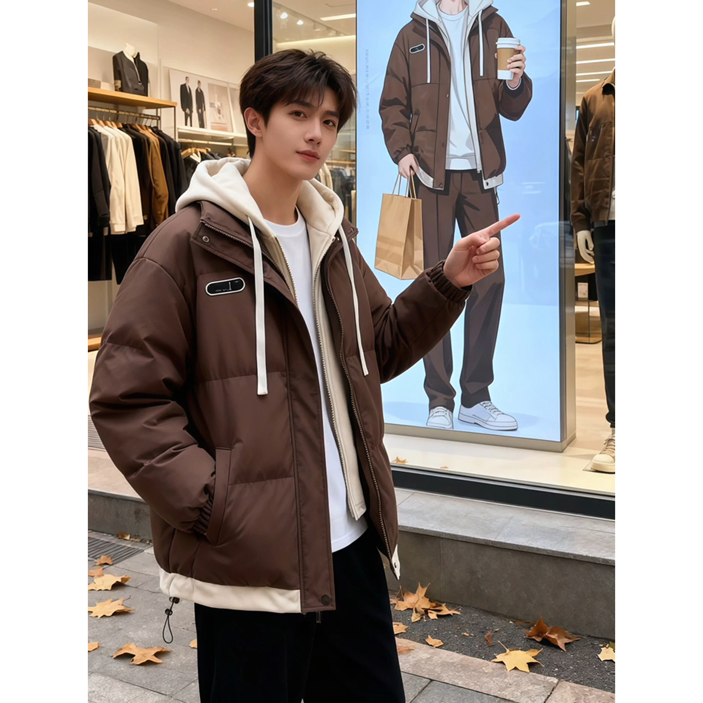 美拉德咖啡色羽绒棉服男秋冬季