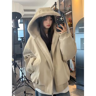 美式 加绒加厚毛领棉衣高级感连帽夹克 座山雕皮衣外套棉服男女冬季