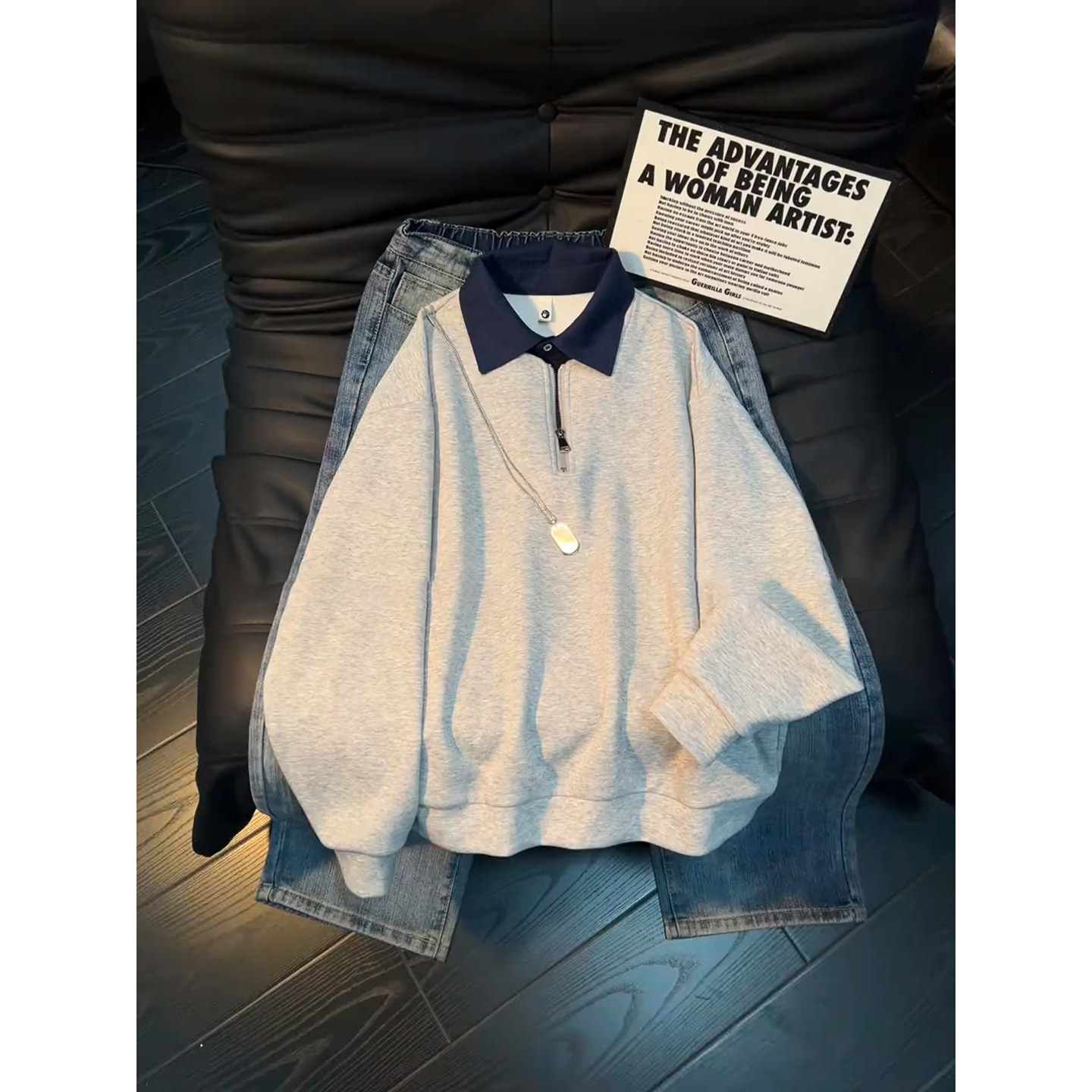 美式半拉链撞色翻领卫衣男春季重磅polo衫外套高级感痞帅情侣上衣