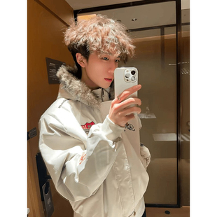 美式高街vibe徽章刺绣棒球服男款座山雕毛领外套短款廓形飞行夹克