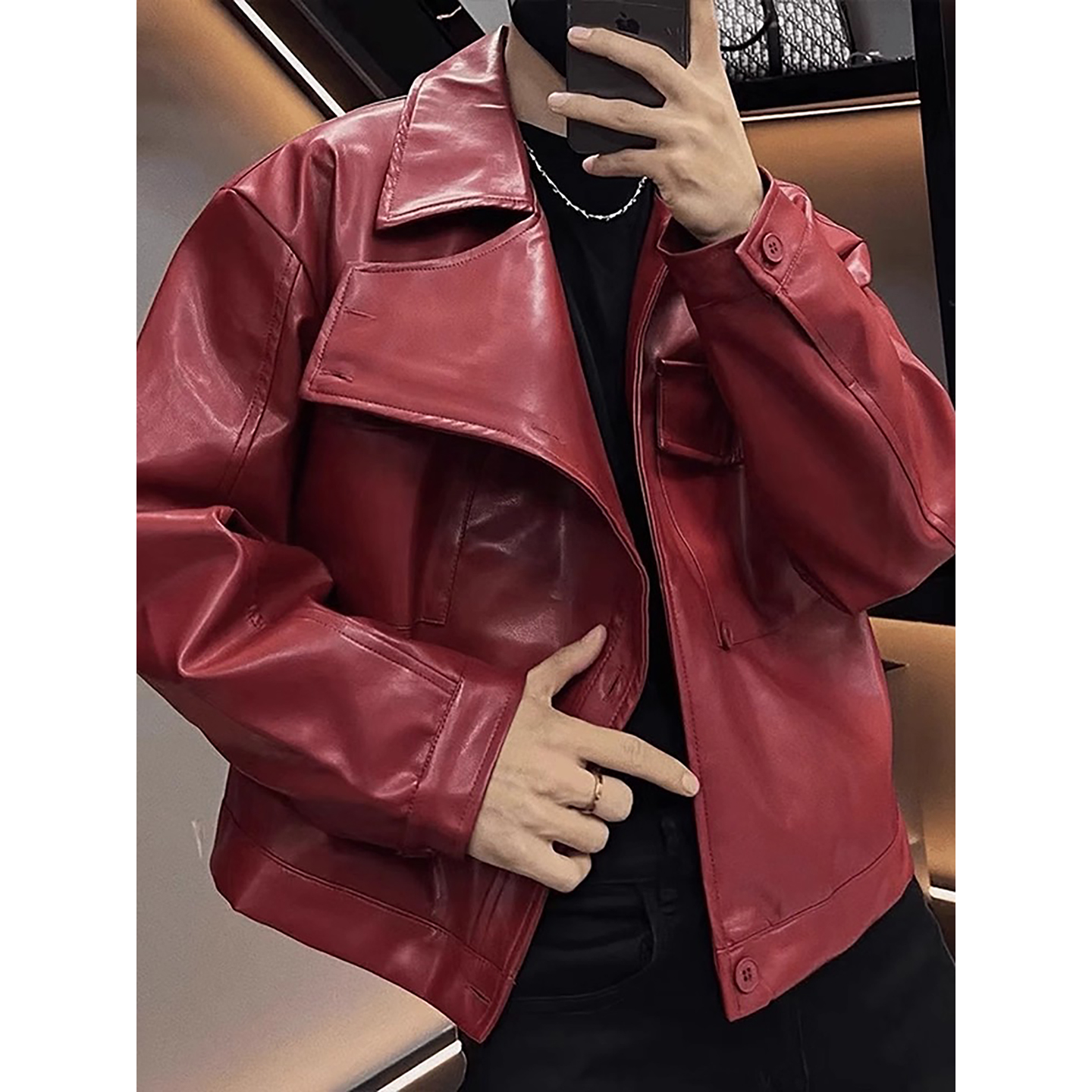 安哥拉红不规则皮衣外套男秋季