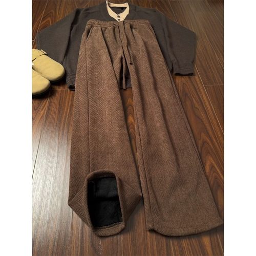 美拉德咖色人字纹裤子男秋冬