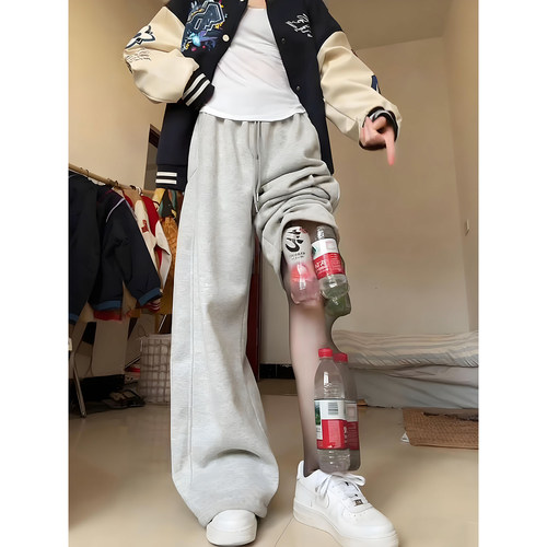 花灰色美式斜切加绒卫裤男女秋冬