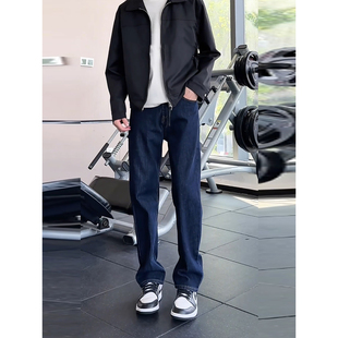 原牛蓝窄版直筒牛仔裤秋冬潮男穿搭高级感痞帅风显瘦弯刀九分裤子