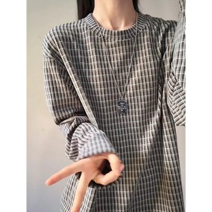 t恤高级感情侣内搭卫衣 男女秋冬德绒长袖 美式 高街格子保暖打底衫