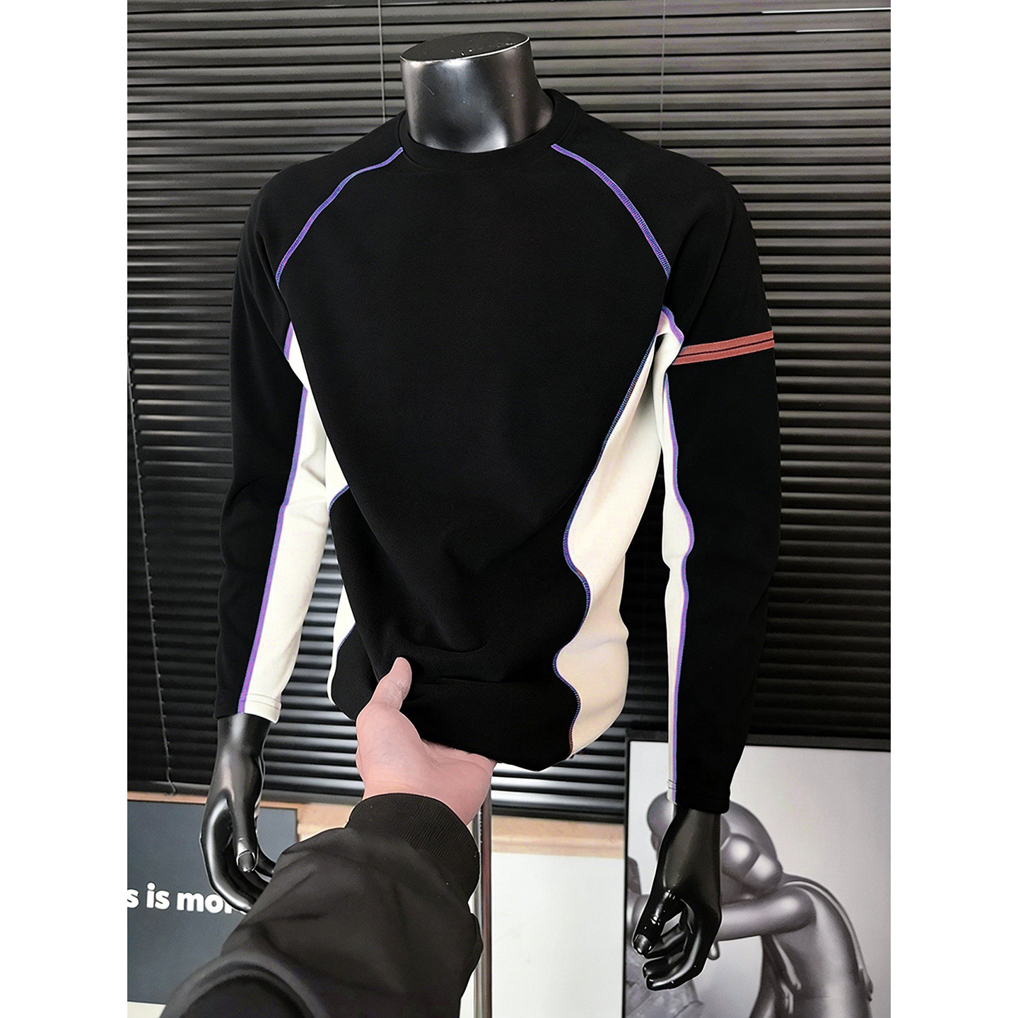 黑色哈苏线双面德绒打底衫男秋冬户外加绒保暖拼色长袖t恤骑行服