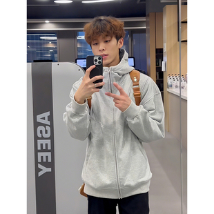 灰色短款重磅加绒卫衣男款秋冬季美式解构连帽衫cleanfit廓形外套