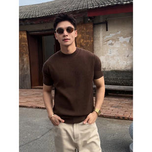 美拉德老钱风针织短袖男士夏季人夫感穿搭t恤轻熟雅痞修身三分袖
