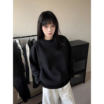 黑色重磅400g圆领中山卫衣男秋季