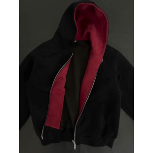 黑色红内开衫连帽卫衣男秋冬美式重磅硬挺夹克高级感宽松情侣外套