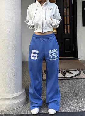 蓝色字母印花运动卫裤男款美式hiphop街舞直筒裤子垂感弯刀阔腿裤