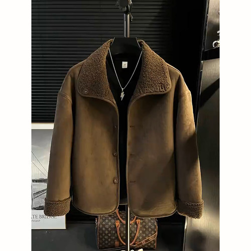 双面穿咖色皮毛一体棉服外套男款