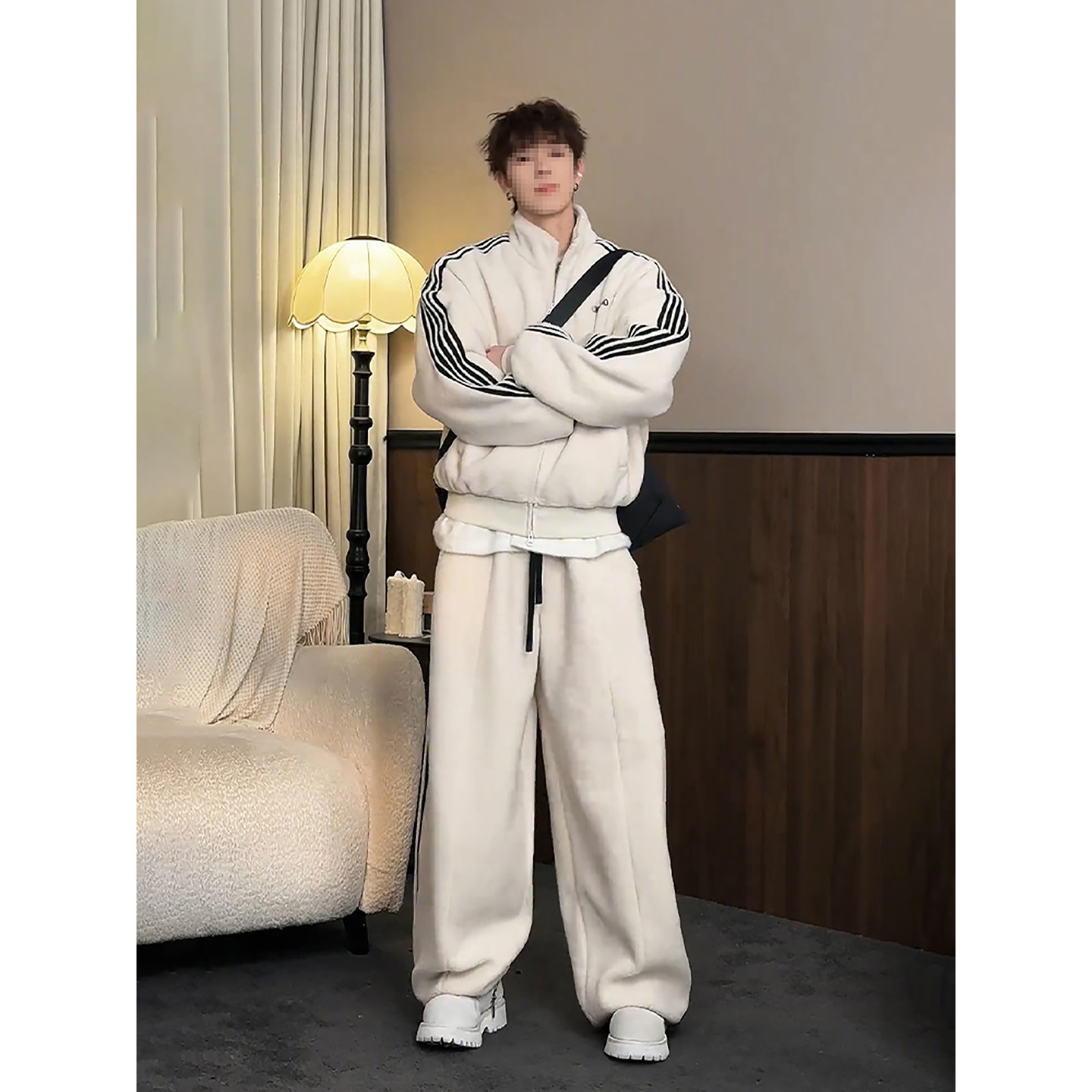 美式条纹摇粒绒立领棉服冬季韩系