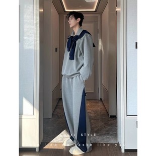 轻奢高级感披肩polo领卫衣男生酷帅穿搭套装痞帅风男模拼色阔腿裤