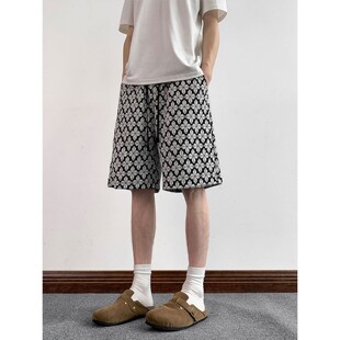 黑白碎花格子短裤男款夏季薄款凉感五分裤子宽松直筒运动休闲中裤