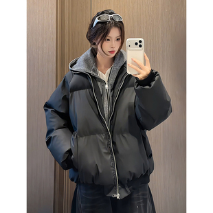 潮牌痞帅短款 冬季 棉衣设计感面包服 pu皮棉服男女款 黑色假两件美式