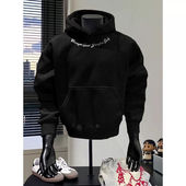 重磅廓形黑色帽衫 boxy连帽情侣上衣 cleanfit外套短款 卫衣男款 美式