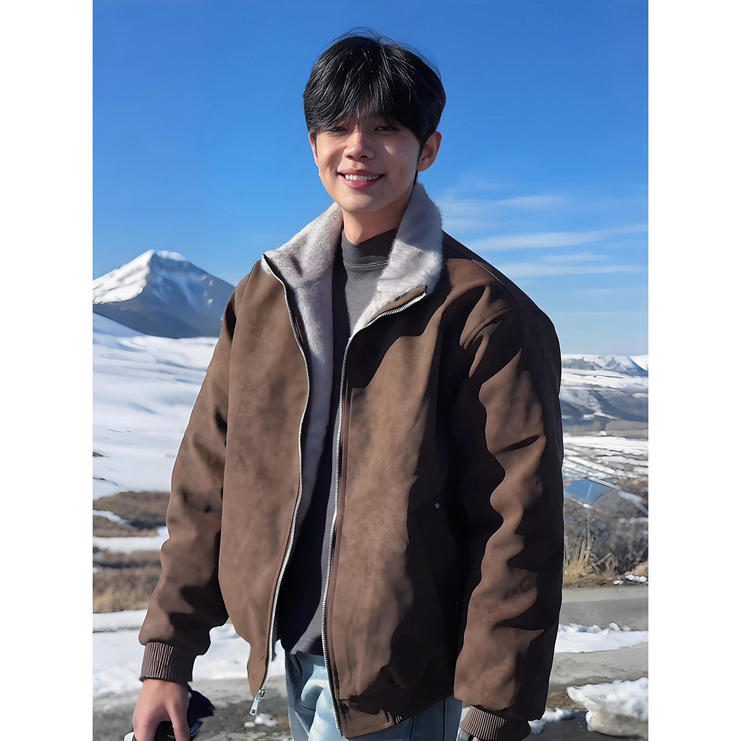 咖色仿貂毛PU皮座山雕棉服男冬季