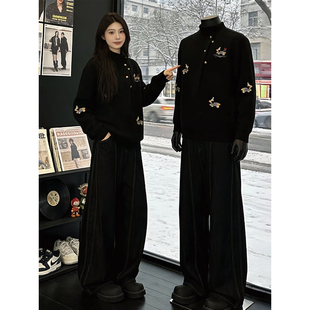 黑色腊肠狗不规则刺绣毛衣秋冬男生高级感上衣半高领设计感毛线衣