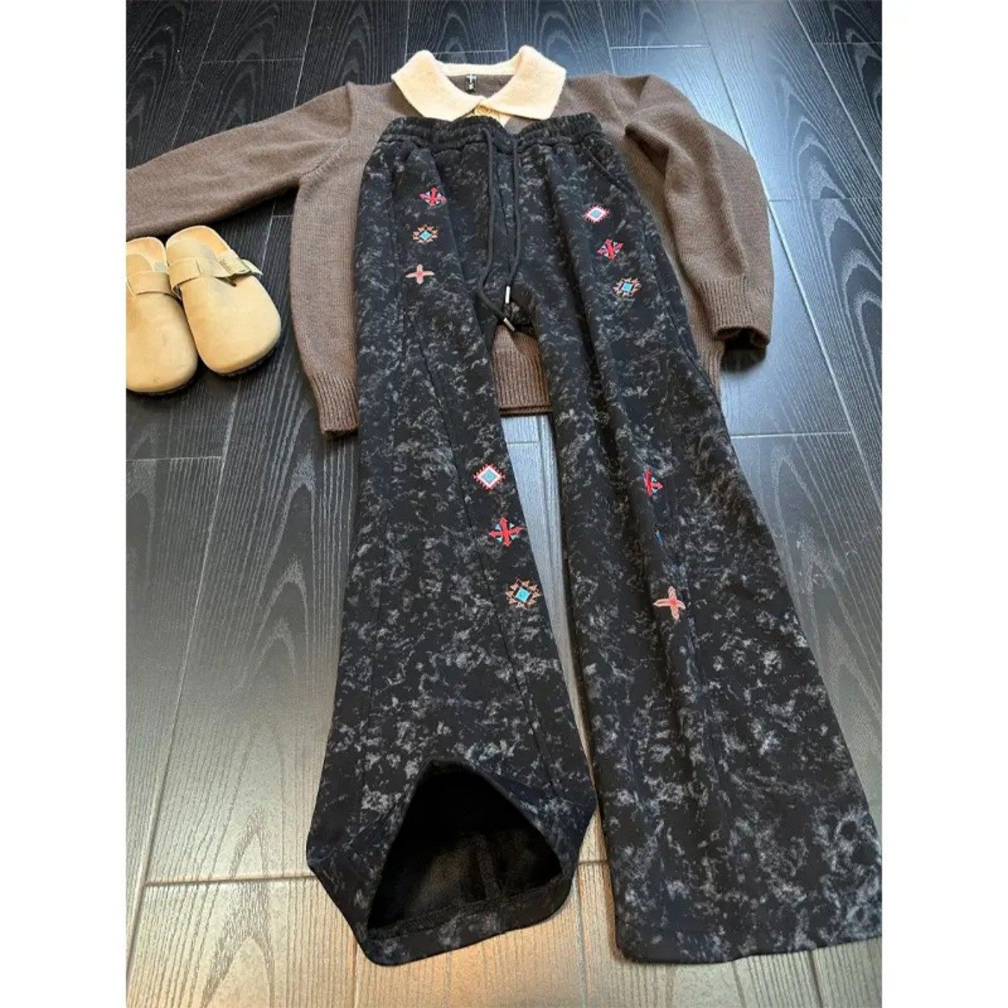 hiphop美式高街扎染裤子男款加绒刺绣弯刀卫裤直筒显瘦休闲运动裤,男装,卫裤,淘宝优惠券,粉丝福利购,淘宝优惠卷