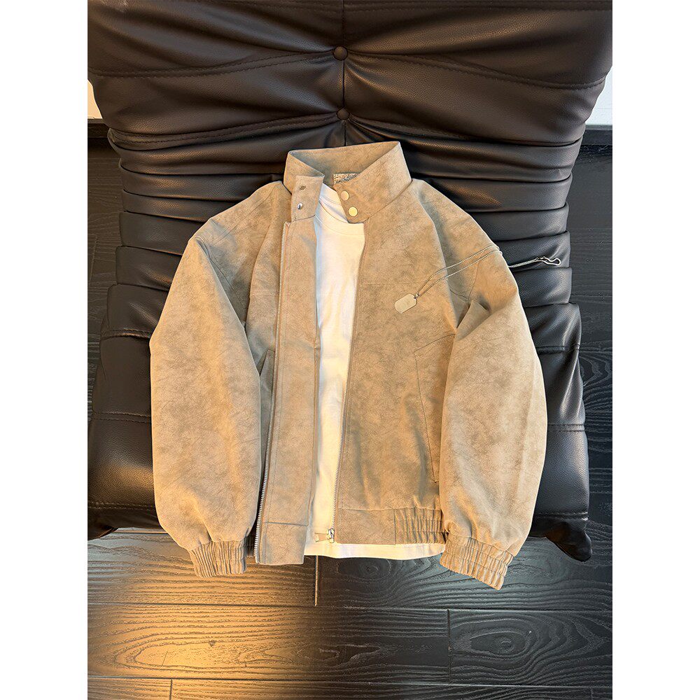 灰色扎染pu皮衣外套男款春季美式复古飞行夹克cleanfit短款棒球服