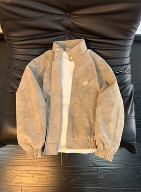 灰色扎染pu皮衣外套男款春季美式复古飞行夹克cleanfit短款棒球服