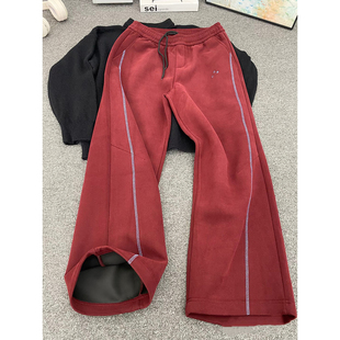 酒红色弯刀卫裤男款秋季重磅明线设计阔腿休闲裤美式慵懒风直筒裤