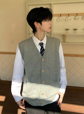 浅灰色日系dk制服针织马甲男款秋冬叠穿v领毛衣无袖坎肩保暖背心