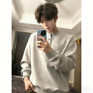 t恤高级感内搭打底衫 美式 boxy立领加绒卫衣男秋冬重磅亨利领长袖
