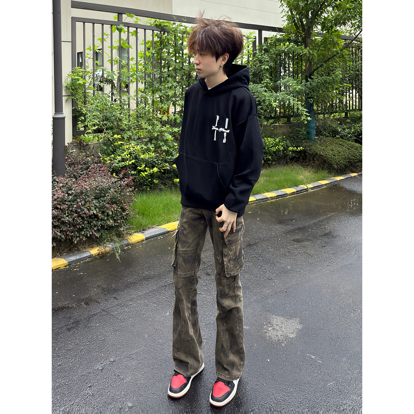 美式复古迷彩工装微喇裤子男款大口袋弯刀牛仔裤修身显瘦直筒长裤