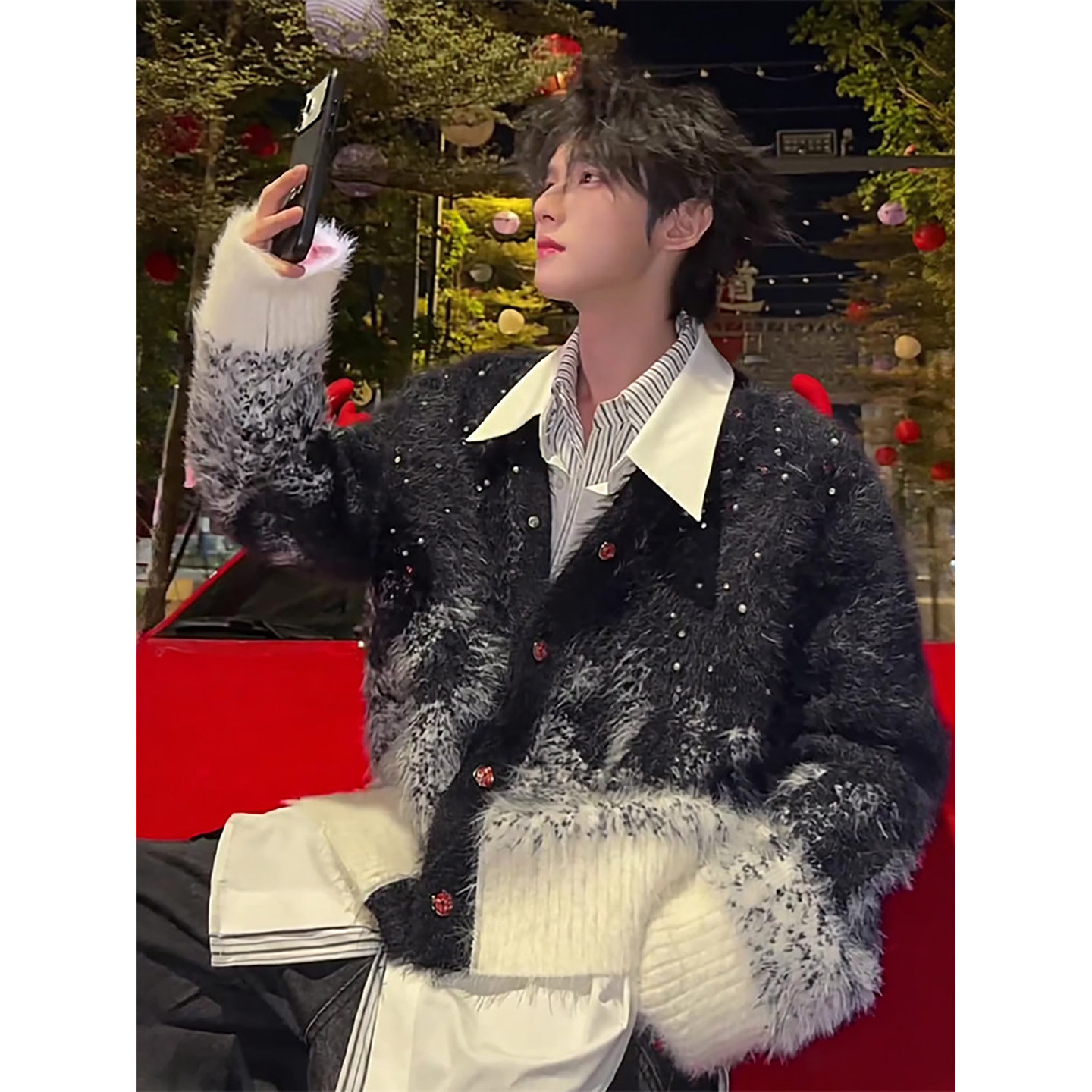 圣诞氛围防貂毛开衫毛衣男款秋冬季加厚镶钻氛围感痞帅针织衫外套,男装,针织衫/毛衣,淘宝优惠券,粉丝福利购,淘宝优惠卷