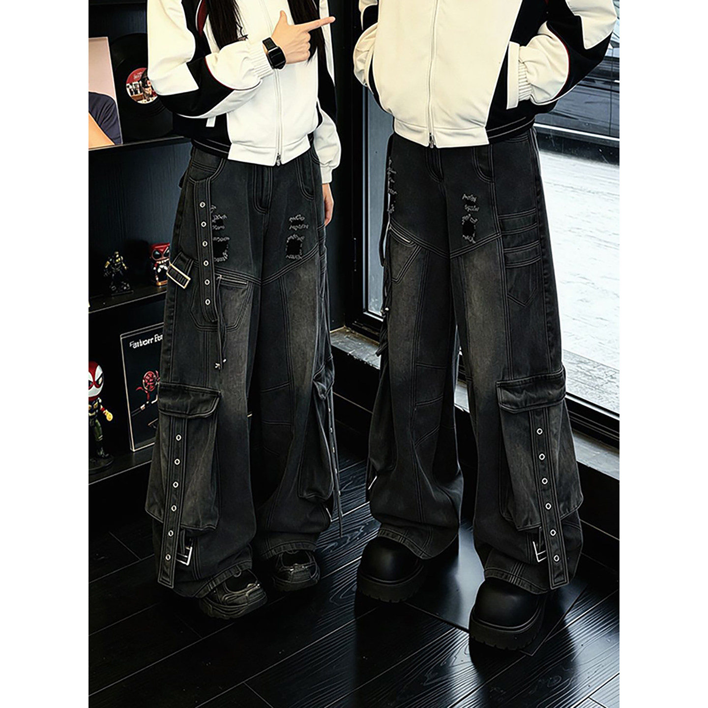 美式高街飘带工装牛仔裤男春季多口袋直筒裤子潮牌痞帅炸街弯刀裤,男装,牛仔裤,淘宝优惠券,粉丝福利购,淘宝优惠卷