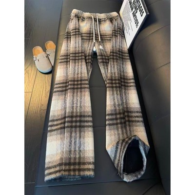 美式撞色毛呢格子裤男秋冬