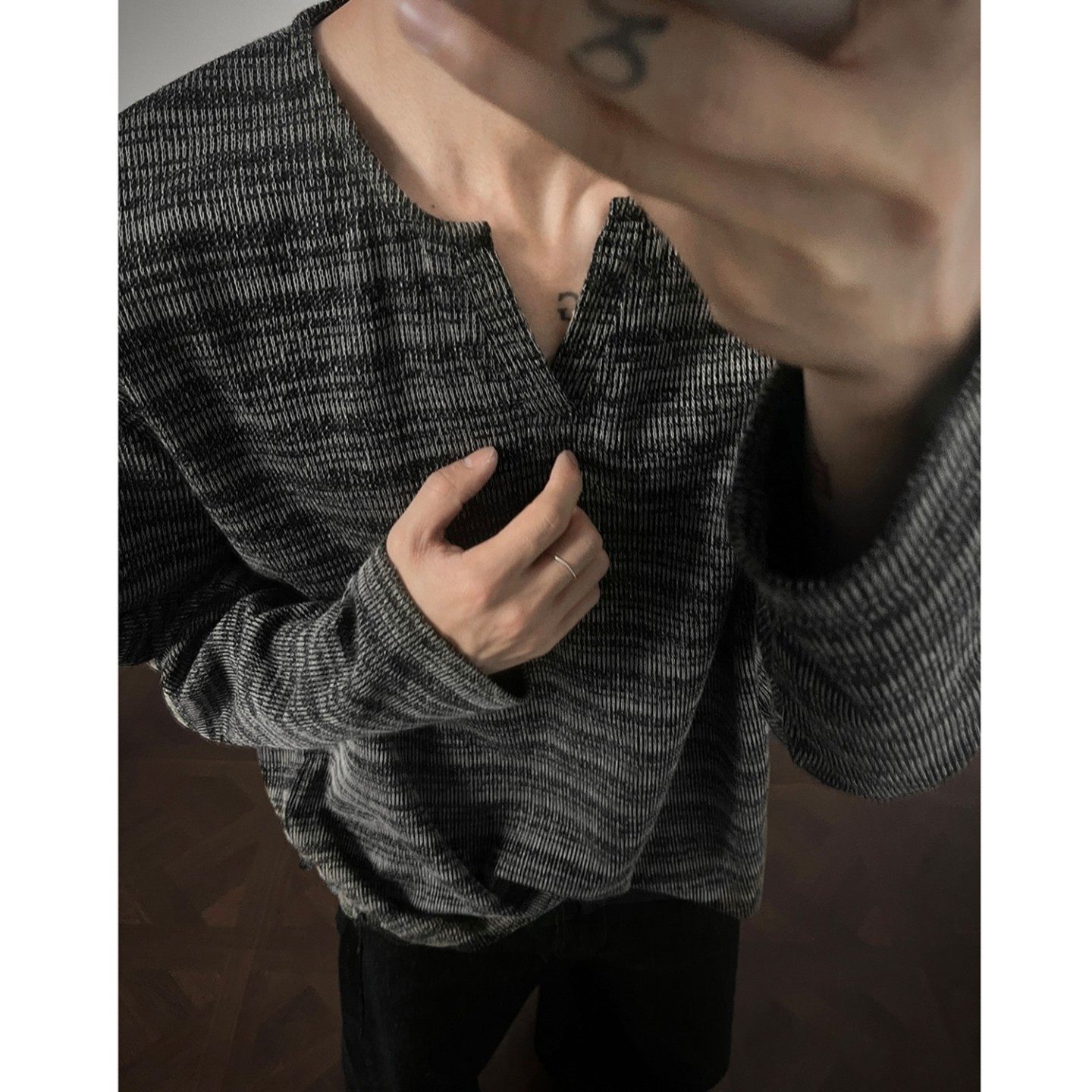 老钱风条纹亨利领长袖t恤男春季肌理感v领打底衫潮牌痞帅针织卫衣,男装,T恤,淘宝优惠券,粉丝福利购,淘宝优惠卷