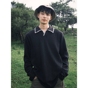 麦穗纹长袖polo衫男款秋季人夫感穿搭手缝线t恤氛围感打底衫上衣