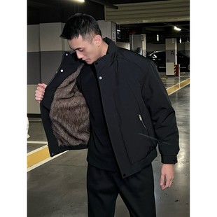 黑色座山雕毛茸茸夹克羽绒服男生轻熟风穿搭抗寒保暖短款立领外套
