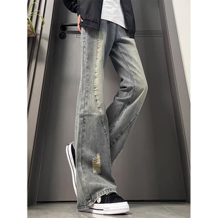 美式复古蓝破洞牛仔裤男款春秋季斜切微喇裤子直筒修身显瘦弯刀裤