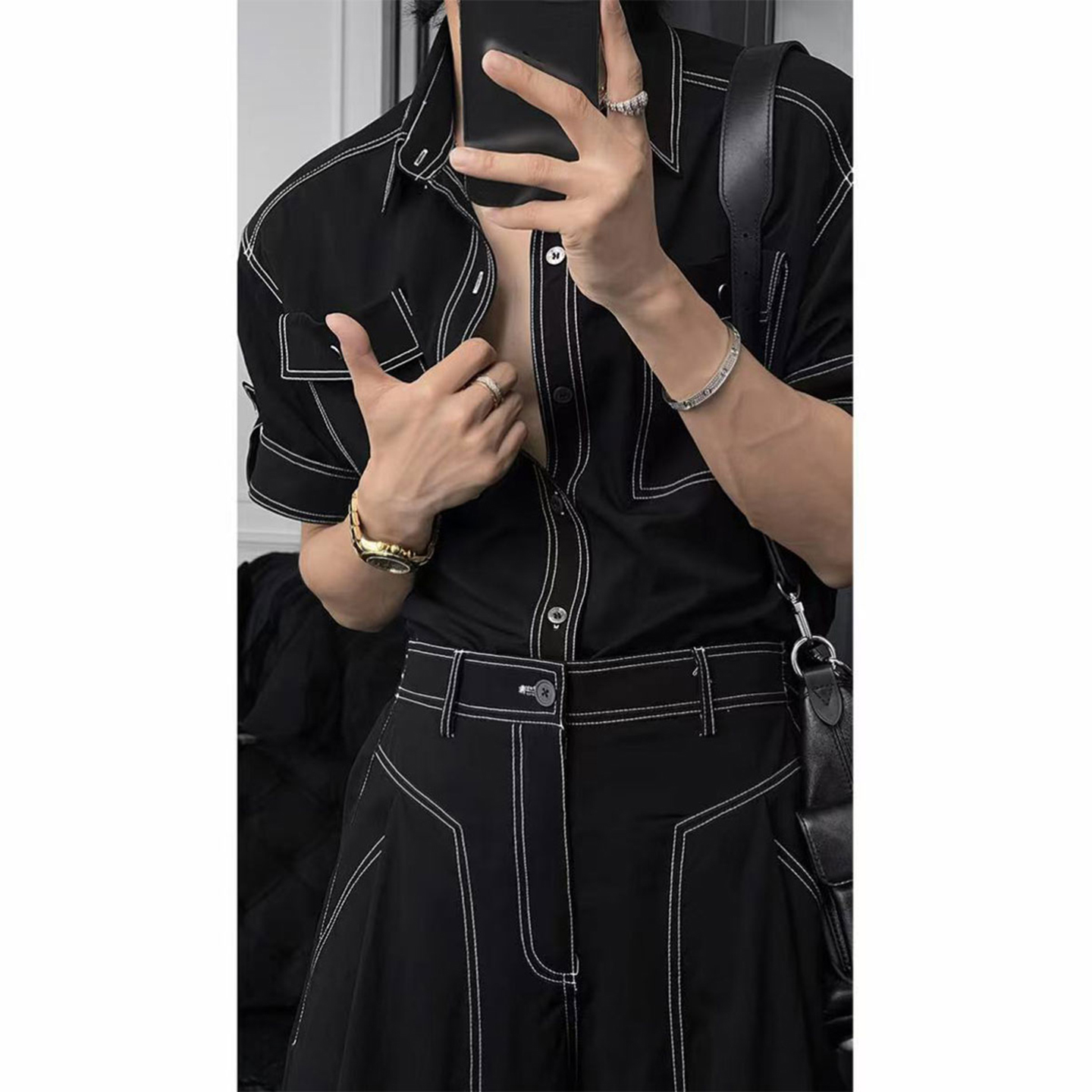 美式复古明线设计感休闲套装男生