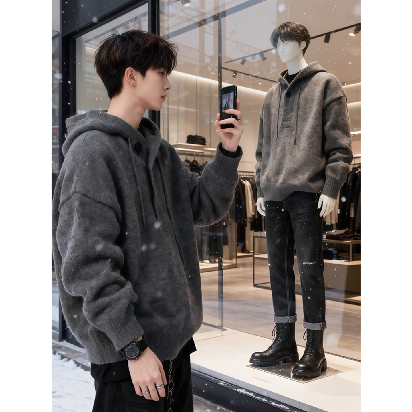 深灰色连帽v领针织毛衣男高级感