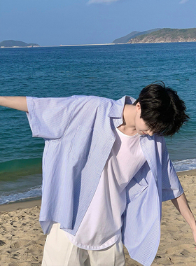 日系cityboy蓝色条纹短袖衬衫男夏季少年感阳光干净穿搭衬衣外套