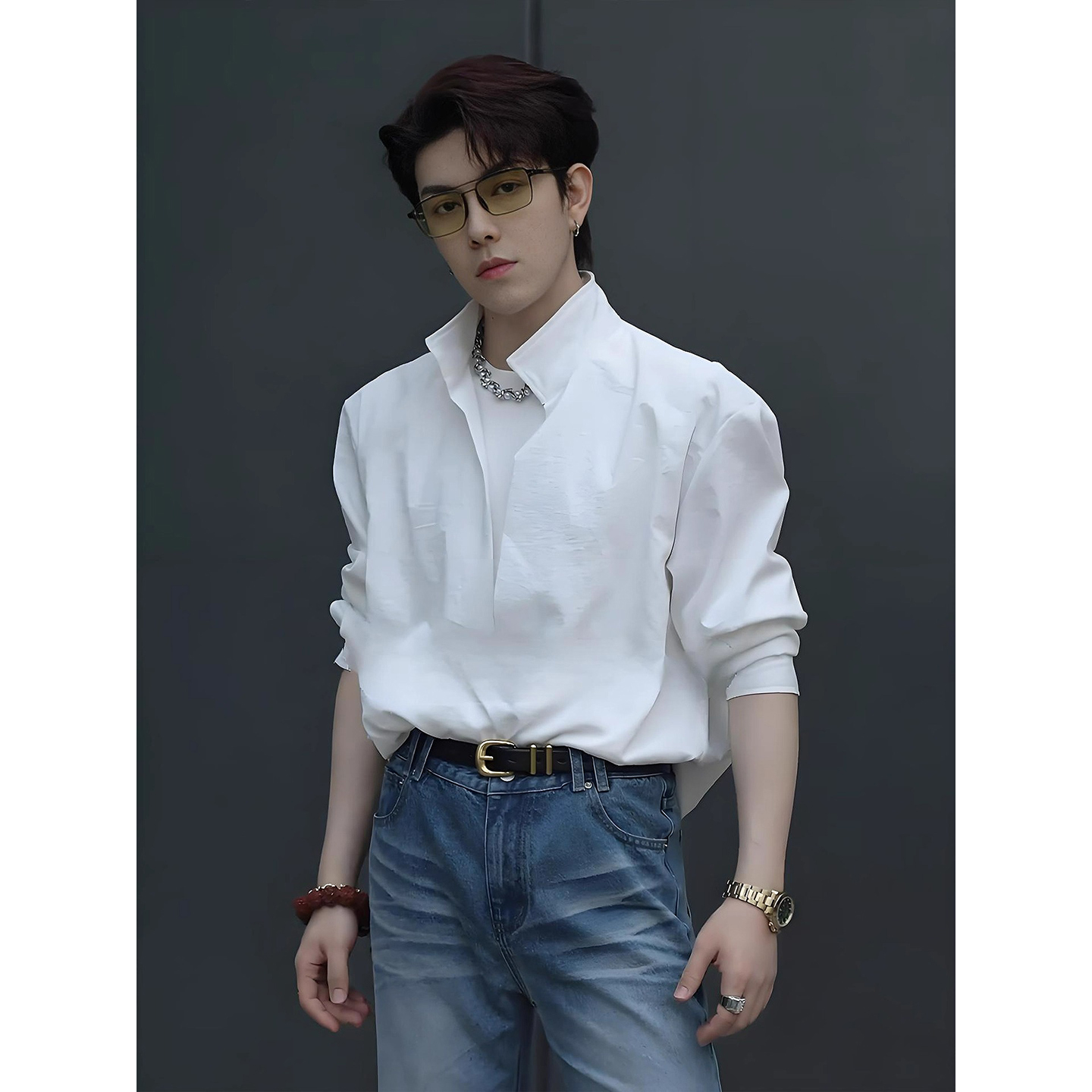 英伦雅痞白色假两件立领衬衫男夏季轻薄冰丝长袖衬衣美式防晒外套