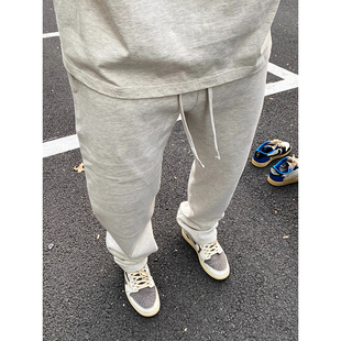 子男松紧腰抽绳灰色运动休闲裤 垂感直筒弯刀裤 重磅hiphop卫裤 美式