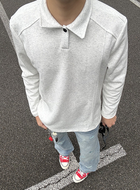 白灰色翻领长袖t恤男春季美式重磅正肩polo衫解构拼接亨利领卫衣