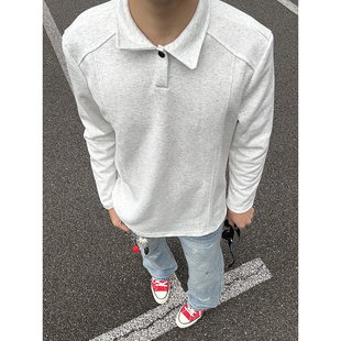 白灰色翻领长袖t恤男春季美式重磅正肩polo衫解构拼接亨利领卫衣