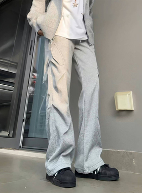 灰色褶皱斜切弯刀卫裤男士青少年松弛感裤子美式重磅微喇休闲长裤