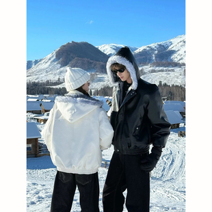 美式pu皮座山雕棉服外套冬装男士高级感连帽棉衣短款毛领工装夹克