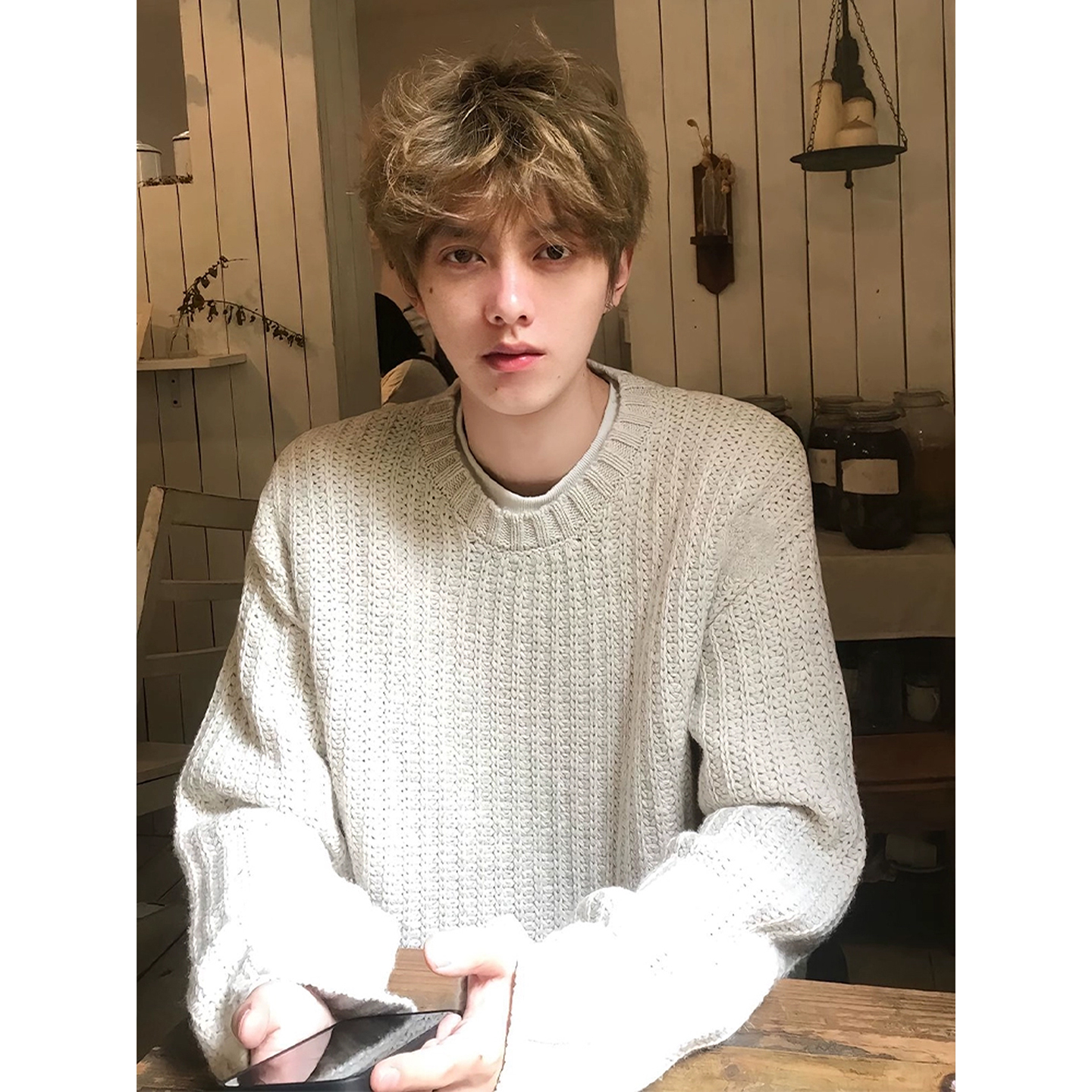 华夫格圆领针织卫衣男款秋冬季韩系慵懒风长袖T恤美式内搭打底衫