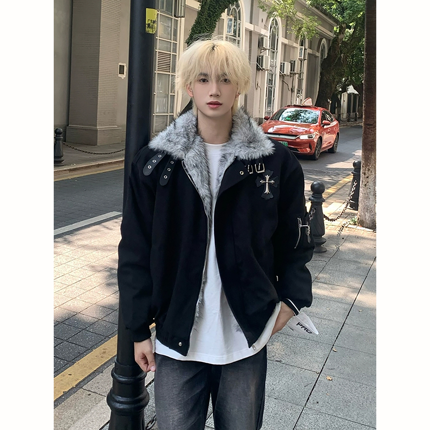 黑色美式十字架座山雕外套男冬季