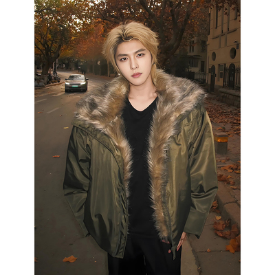 美式复古座山雕毛领棉服男款冬季